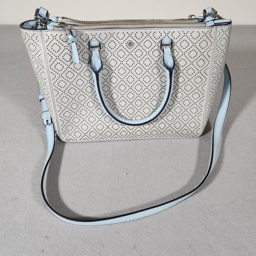 TORY BURCH ROBINSON PERFORATED SMALL LIGHT BLUE MULTI TOTE